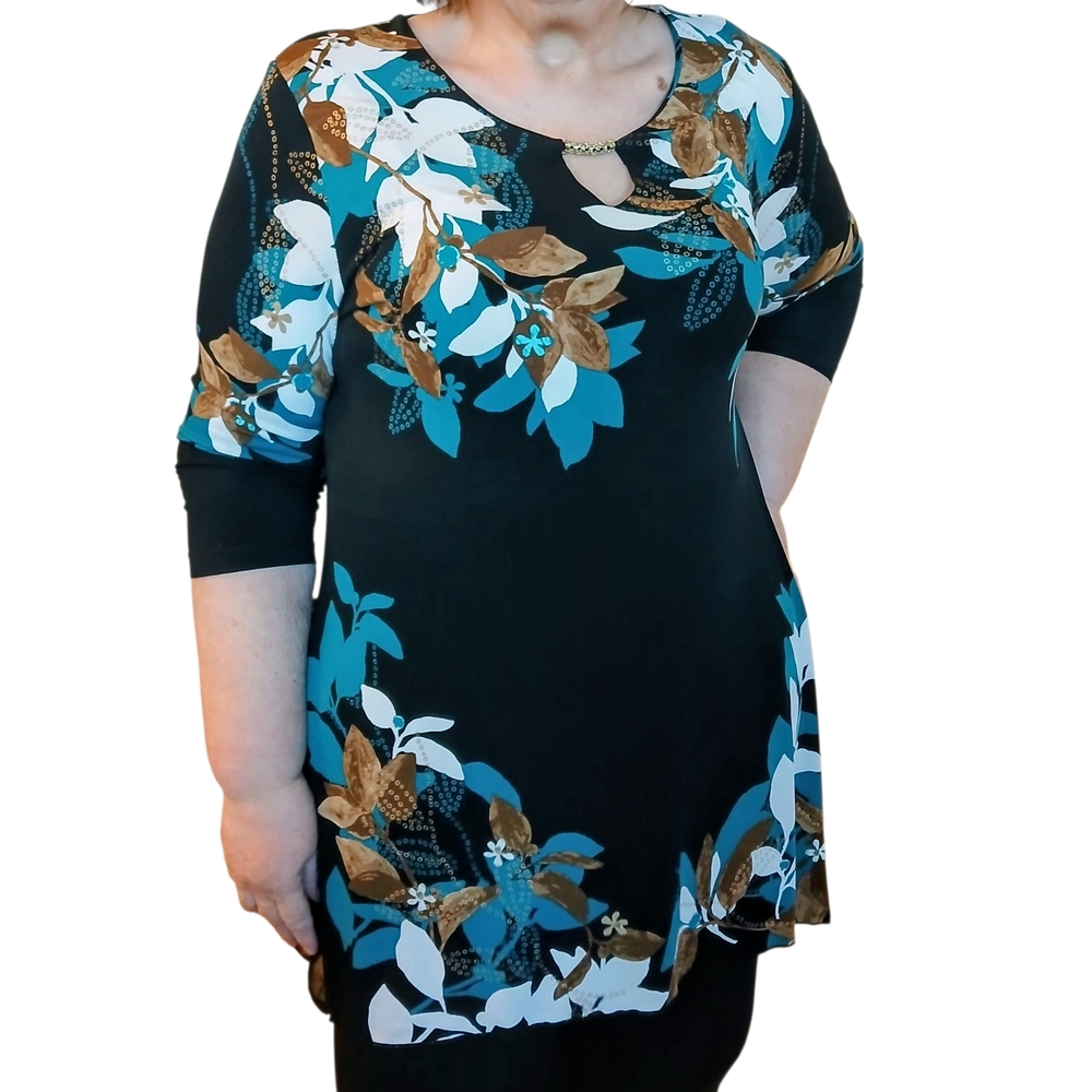 JM Collection Teal and Brown Floral Tunic